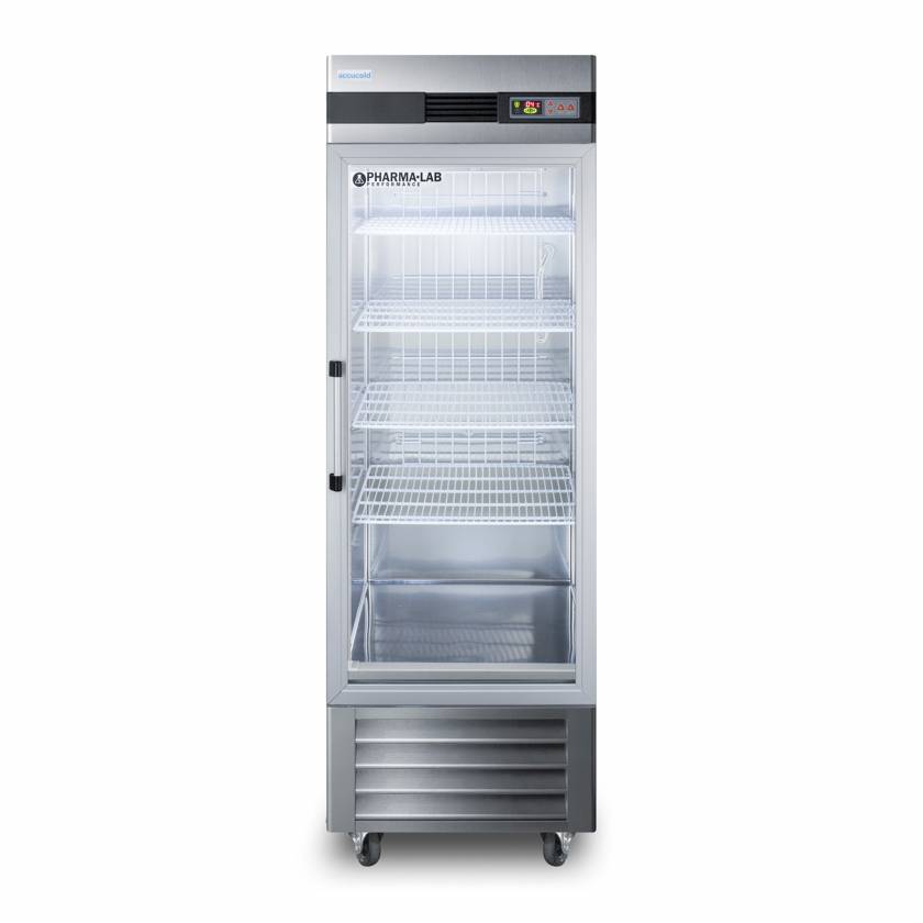 Accucold ARG23ML Pharma-Lab Performance Series Upright Pharmacy Refrigerator, 4 Wire Shelves, Right Handle Glass Door, 23 Cubic Feet - Front View