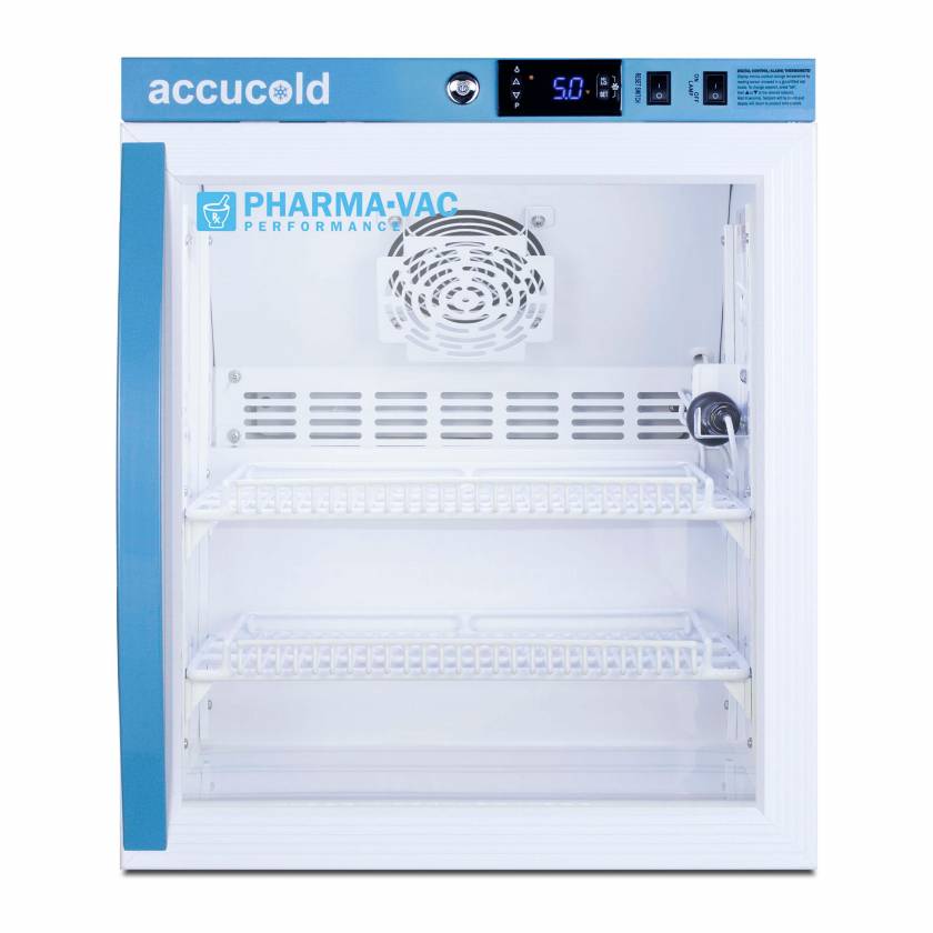 Accucold ARG2PV Pharma-Vac Performance Series Compact Vaccine Refrigerator with 2 Wire Shelves, Right Handle Glass Door, 2 Cubic Feet - Front View