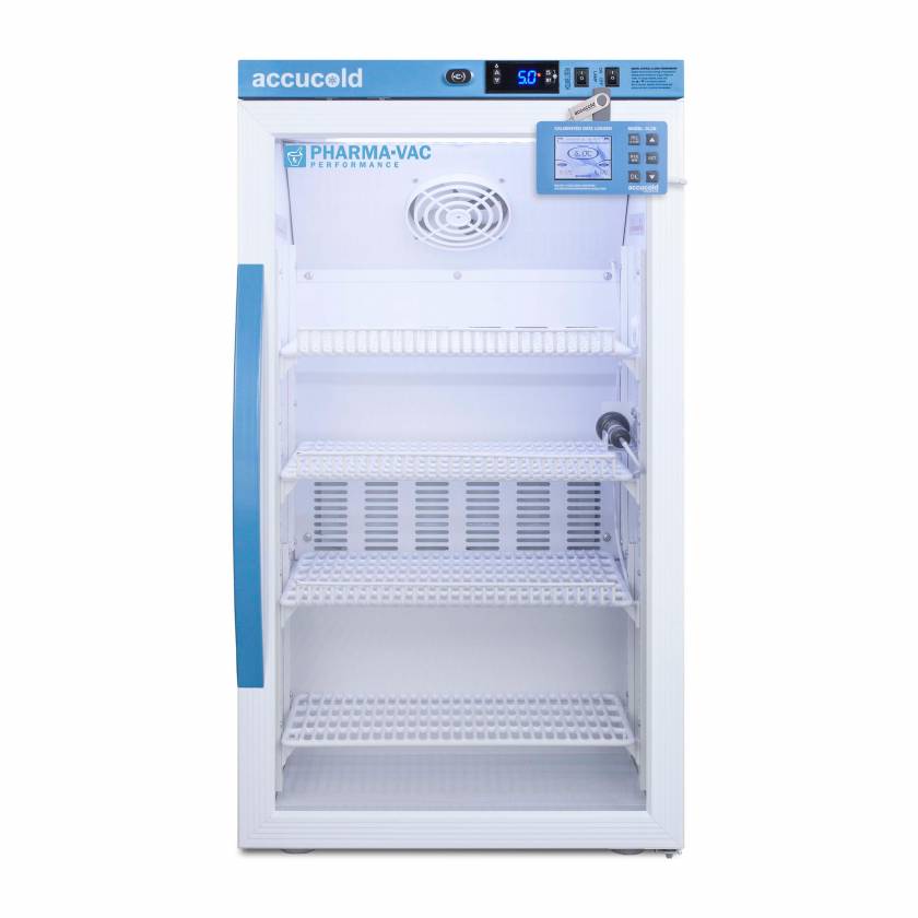 Accucold ARG3PVDL2B Accucold Pharma-Vac Performance Series Counter Height Vaccine Refrigerator with Digital Data Logger, 4 Wire Shelves, Right Handle Glass Door, 3 Cubic Feet - Front View