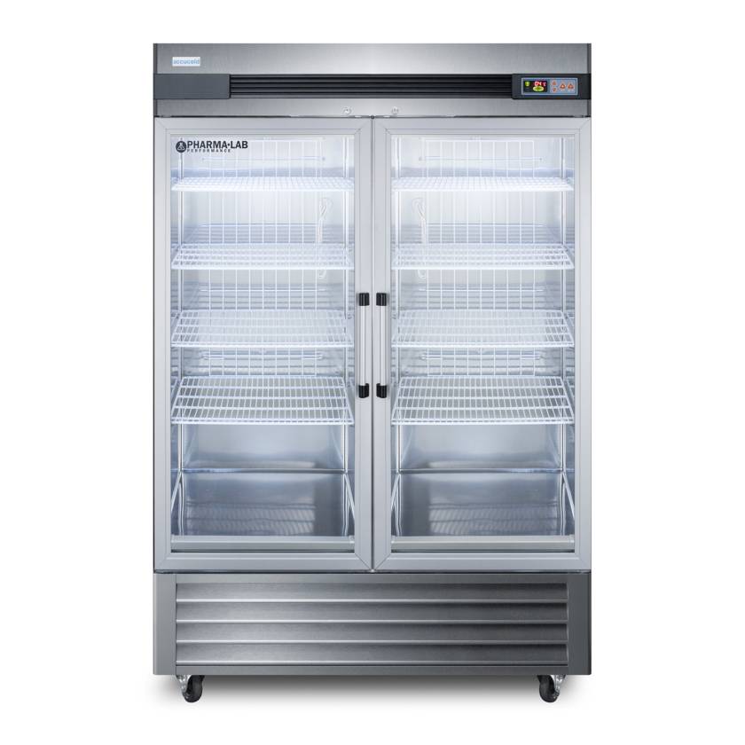 Accucold ARG49ML Pharma-Lab Performance Series Upright Pharmacy Refrigerator, 8 Wire Shelves, Double Glass Doors, 49 Cubic Feet - Front View