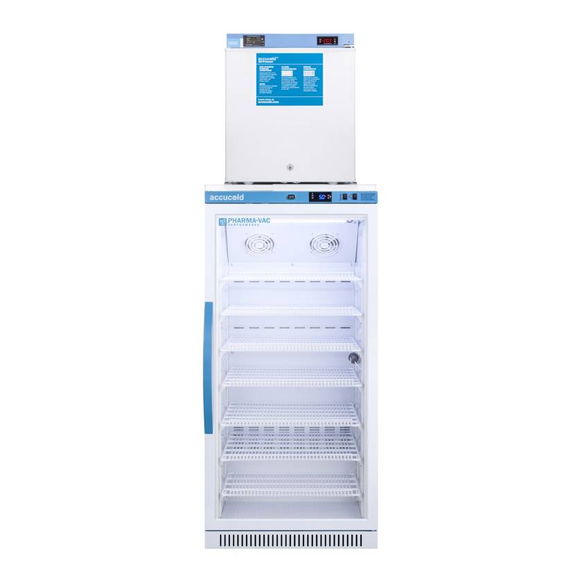 Accucold ARG8PV-FS24LSTACKMED2 Pharma-Vac Performance Series All-Refrigerator/MED2 Series All-Freezer Combination with StackRack, Right Handle Door, 9.4 Cubic Feet Total Capacity - Front View