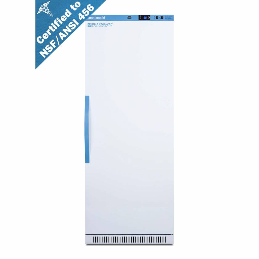Accucold ARS12PV456 Pharma-Vac Performance Series Upright Vaccine Refrigerator with NSF/ANSI 456 Certification, 7 Wire Shelves, Right Handle Solid Door, 12 Cubic Feet - Front View