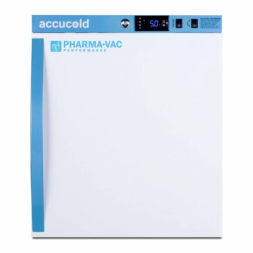 Accucold ARS2PV Pharma-Vac Performance Series Compact Vaccine Refrigerator with 2 Wire Shelves, Right Handle Solid Door, 2 Cubic Feet - Front View