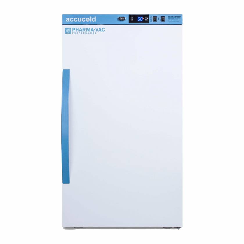 Accucold ARS3PV Pharma-Vac Performance Series Counter Height Vaccine Refrigerator with 4 Wire Shelves, Right Handle Solid Door, 3 Cubic Feet - Front View