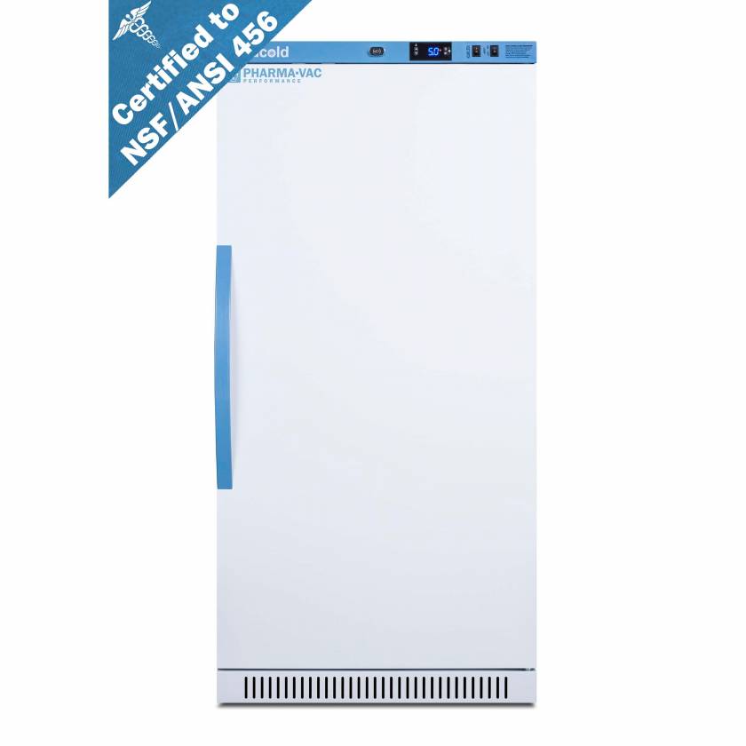 Accucold ARS8PV456 Pharma-Vac Performance Series Upright Vaccine Refrigerator with NSF/ANSI 456 Certification, 7 Wire Shelves, Right Handle Solid Door, 8 Cubic Feet - Front View