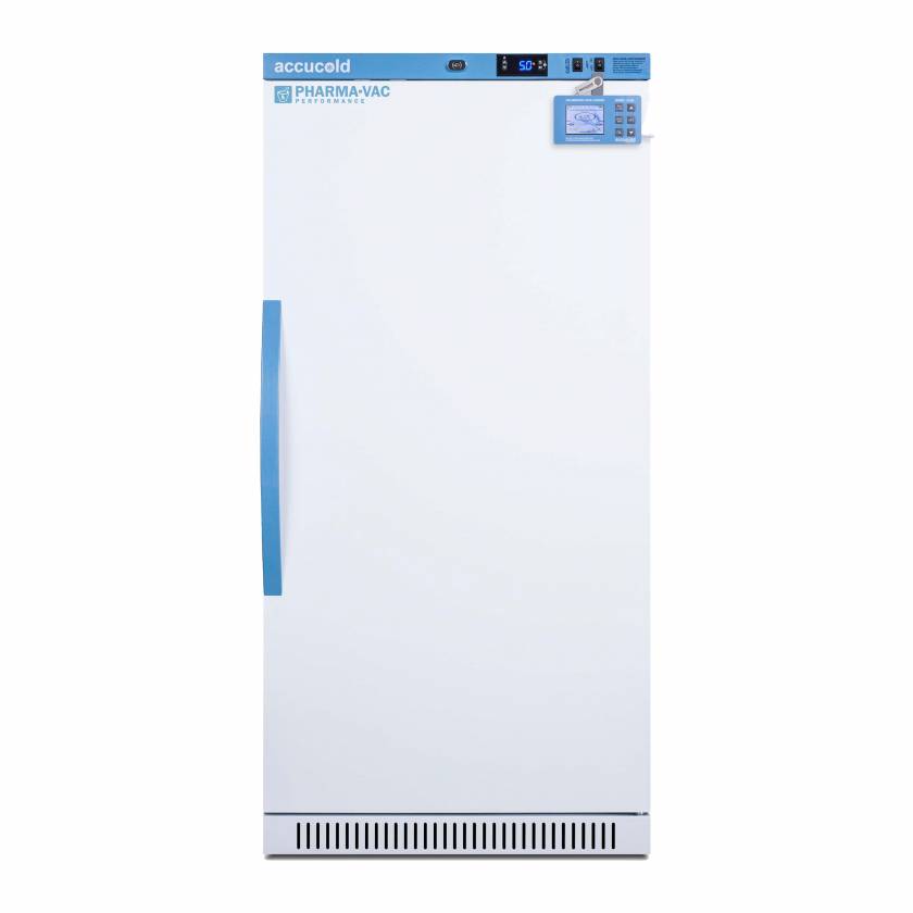 Accucold ARS8PVDL2B Pharma-Vac Performance Series Upright Vaccine Refrigerator with Digital Data Logger, 7 Wire Shelves, Right Handle Solid Door, 8 Cubic Feet - Front View