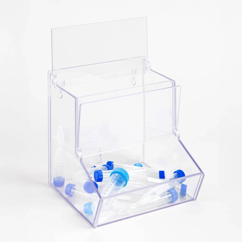 Poltex BLKBNLD4-W Wide Bulk Storage Bin with Lid and Front Dispensing Access - Top and Front Lid Open (Consumables are Not Included)