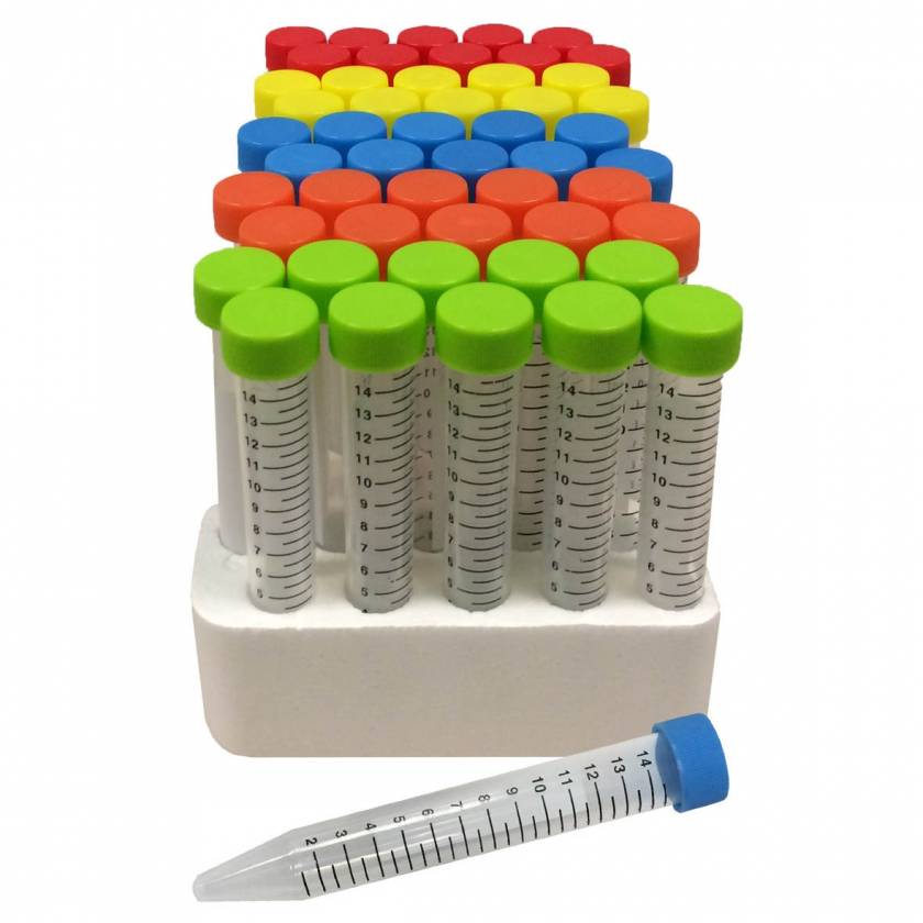 MTC Bio C2715 SpectraTube 15mL Sterile Centrifuge Tube Flat Rainbow Screw Cap in Foam Rack