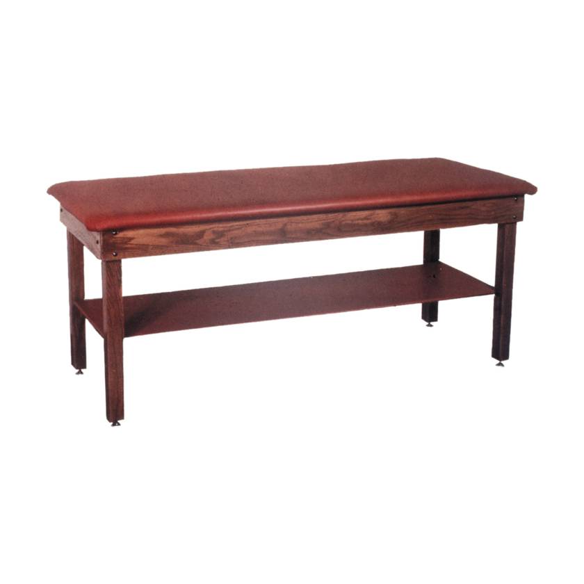 CanDo® Fixed Height Hardwood Treatment Table with Flat Top, H-Brace, and Shelf