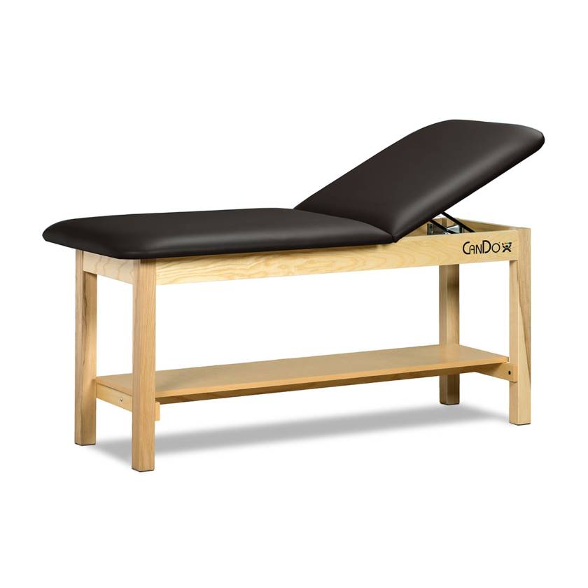 CanDo® Treatment Table with Adjustable Back and Shelf (Shown in Black Upholstery and Natural Wood Finish)