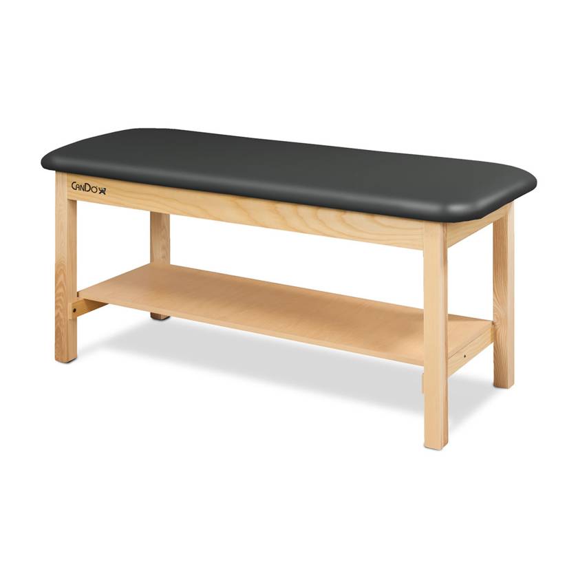 CanDo® Treatment Table with Flat Top and Shelf (Shown in Black Upholstery and Natural Wood Finish)