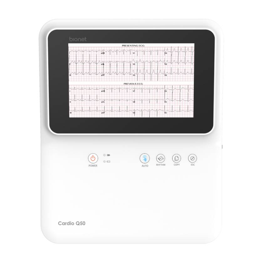 Bionet Cardio Q50 12-Channel Interpretive ECG with 8" Touch Screen and WiFi - ECG Only, Front Top View