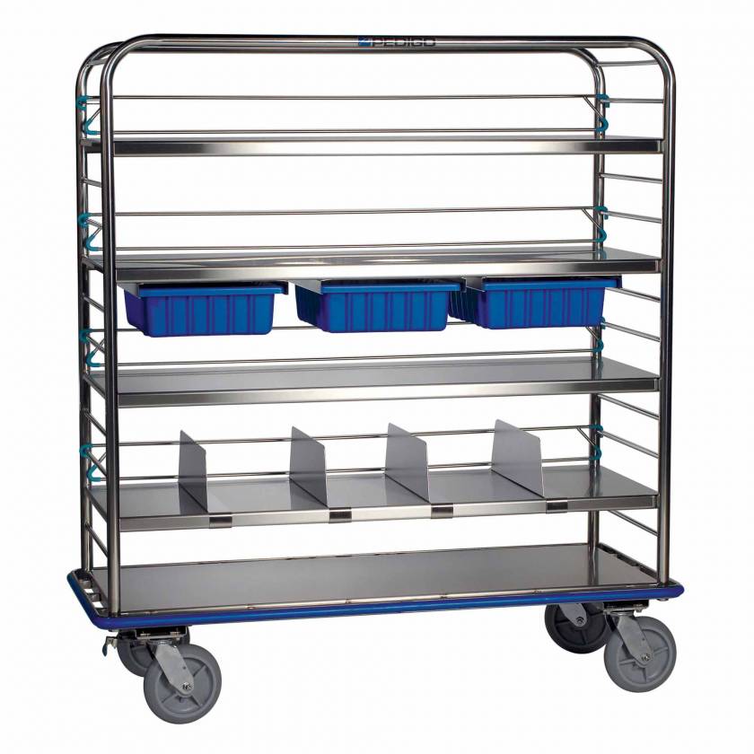 Pedigo CDS-149-C Extra Large Distribution Cart with 4 Solid Shelves, 3 Tote Box & Dividers, Shelf Dividers & Retaining Rods