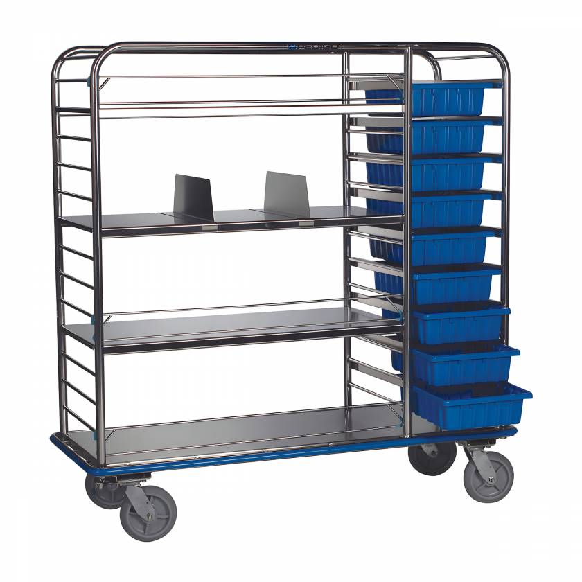 Pedigo CDS-178-C Large Central Supply Cart with 3 Solid Shelves, 2 Shelf Dividers, 4 Retaining Rods & Tote Boxes