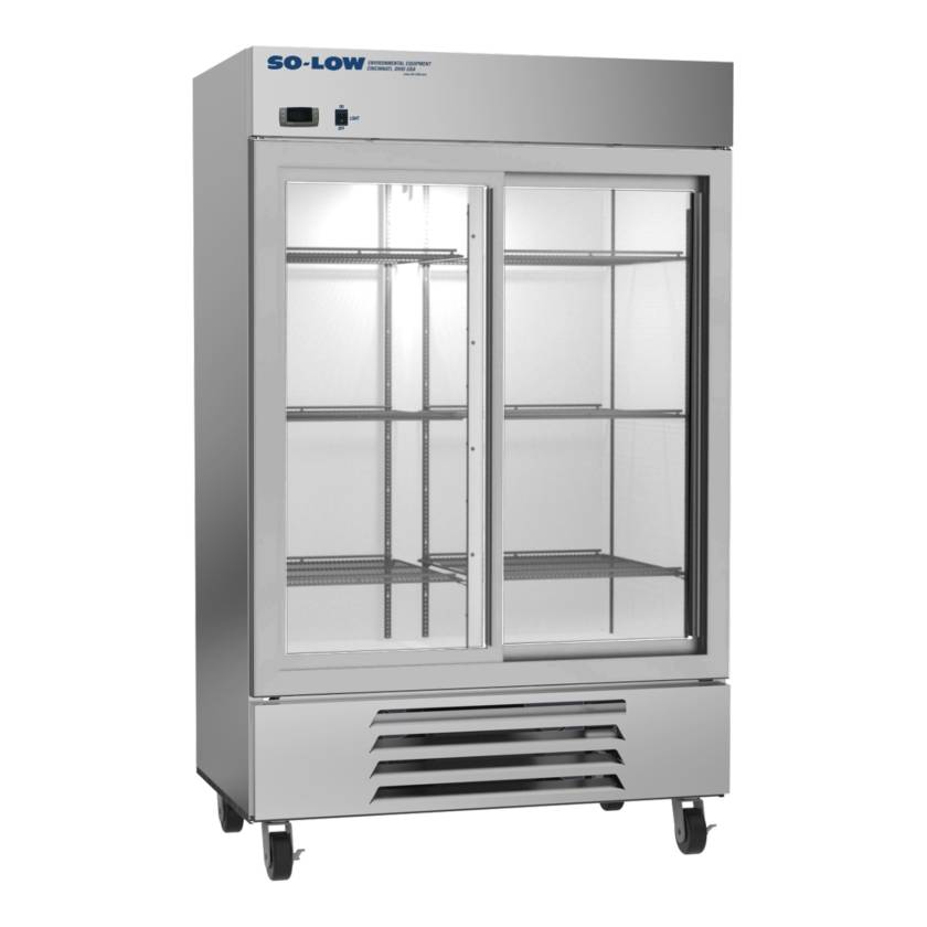 So-Low DH4-45SGD-SS High Performance Refrigerator with Stainless Steel Exterior, 10 Wire Shelves, Double Sliding Glass Doors - 45 Cubic Feet