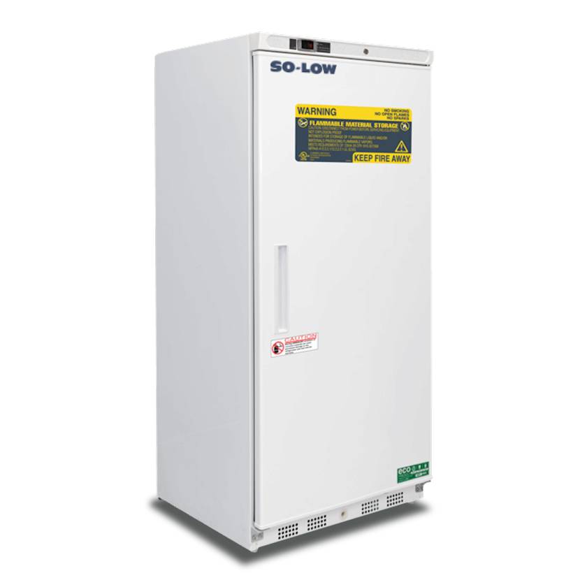 So-Low DHH20-17SDFMS Flammable Material Storage Upright Freezer with Painted Steel Exterior, 6 Fixed Shelves, Single Solid Door and Keyed Lock - 17 Cubic Feet