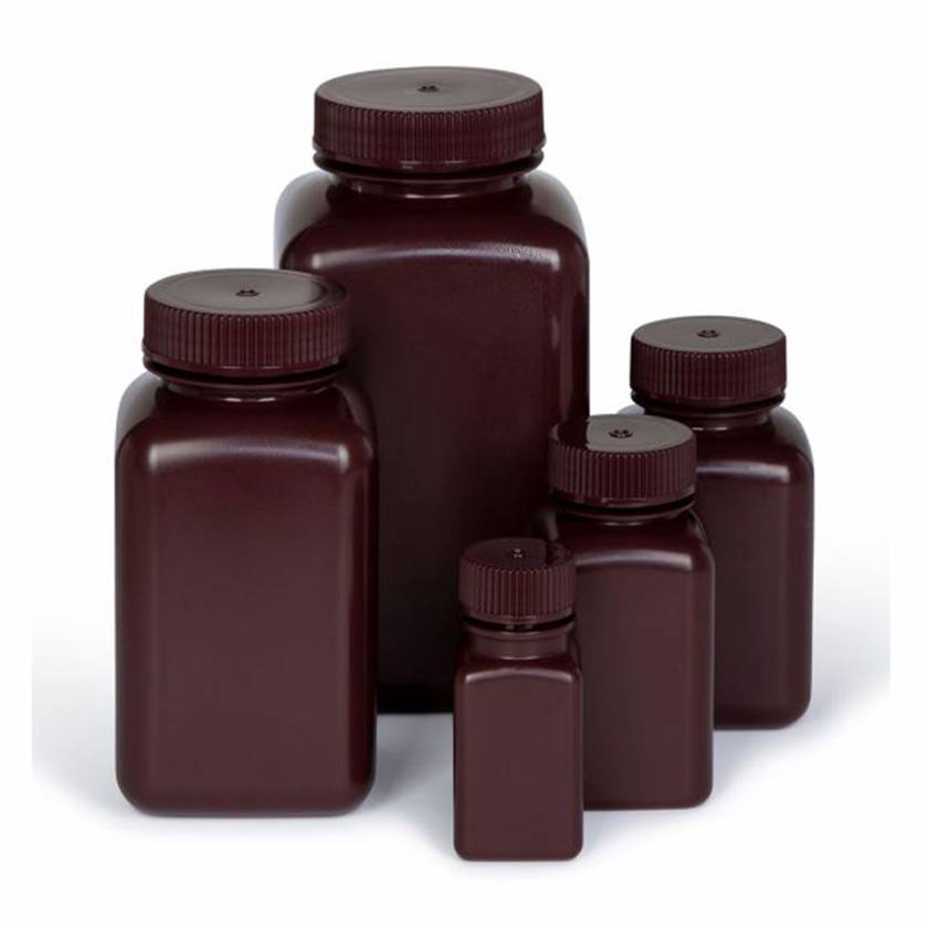 Globe Scientific Diamond® RealSeal™ Bottle, Wide Mouth, Square, Amber HDPE with PP Cap