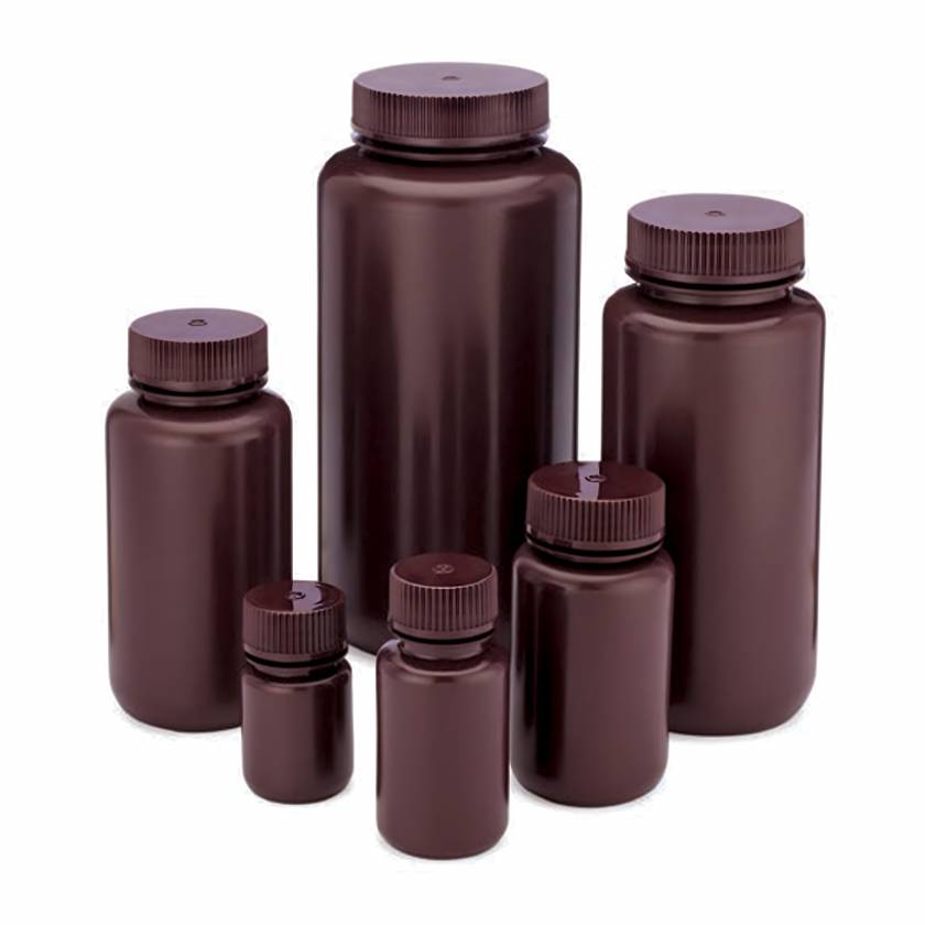 Globe Scientific Diamond® RealSeal™ Wide Mouth, Round, Amber HDPE Bottle with PP Cap