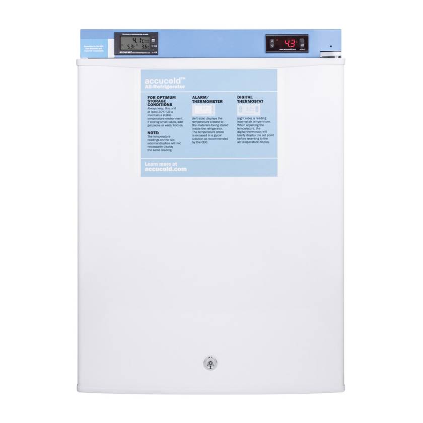 Accucold Compact All-Refrigerator with Front Control Panel, 2 Wire Shelves, Solid Door, 2.4 Cubic Feet - Front View