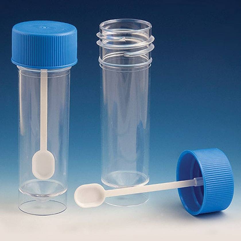 30mL Fecal Containers - Attached Screwcap with Spoon - Self-Standing with Skirted Conical Bottom