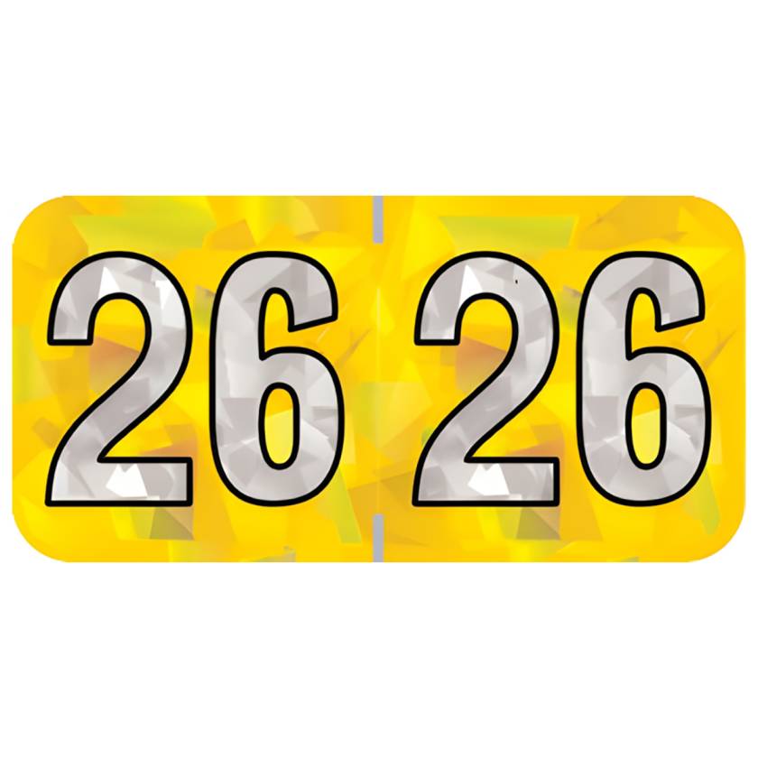 Arden Label HYYM-26-T4 PMA Holographic Yellow 2026 Year Labels - Size 3/4" H x 1 1/2" W