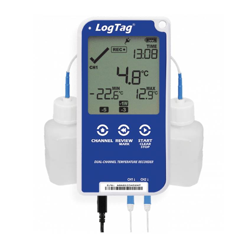 Thermco LTUTRED3016 Dual-Channel Temperature Data-Logger with LCD Display - Front View with Buffer Bottles