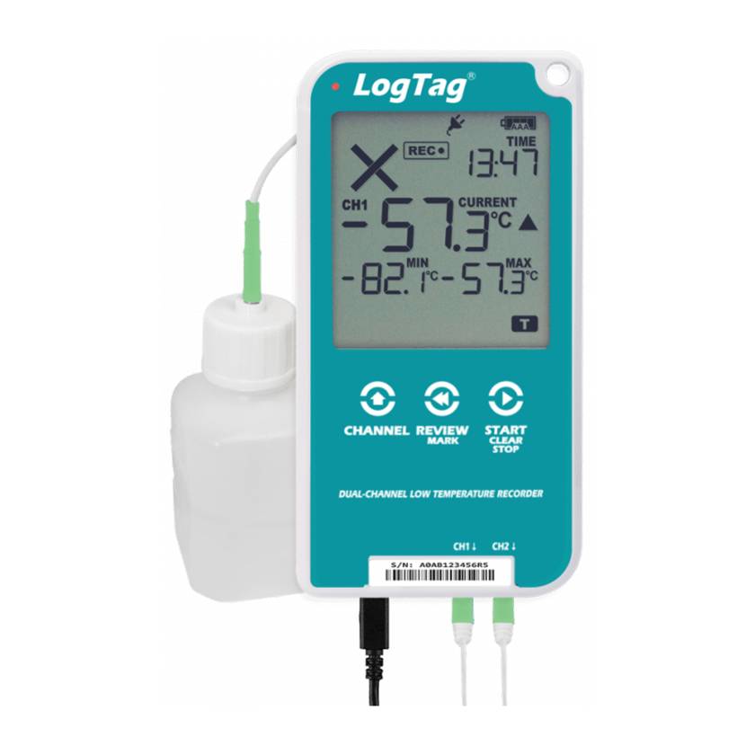 Thermco LTUTREL3016 Dual-Channel Ultra-Low Temperature Data Logger with LCD Display - Front View with Buffer Bottle