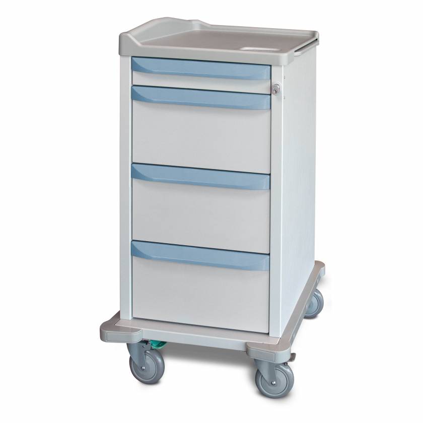 Capsa M-Series M2PC Standard Punch Card Medication Cart with (1) 3.75" Supply Drawer, (3) 10" Punch Card Drawers, Key Lock, Blue-Gray Accent Color.  Image shown with Pullout Writing Surface - NOT included