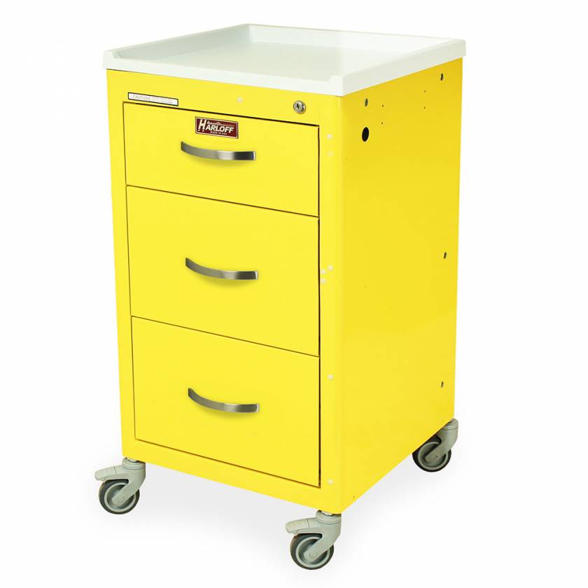 Harloff M-Series Mini Width Short Isolation Cart Three Drawers with Key Lock, 3" Casters