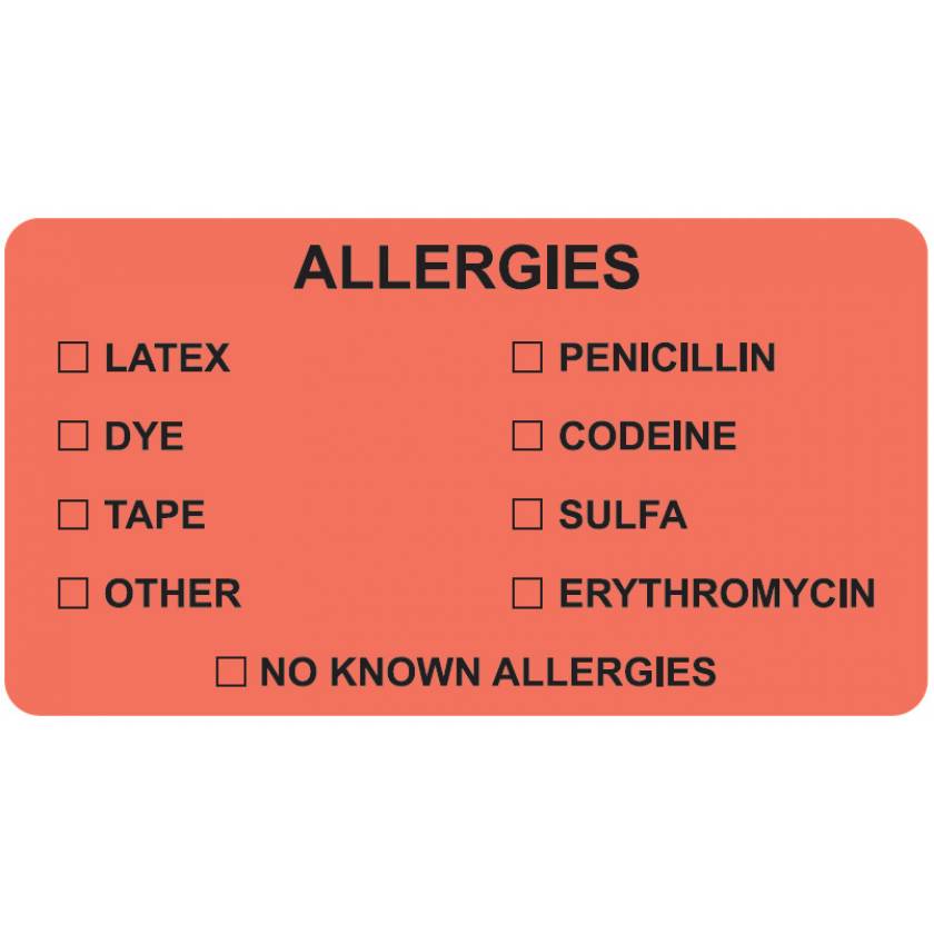 ALLERGIES Label - Size 3 1/4"W x 1 3/4"H