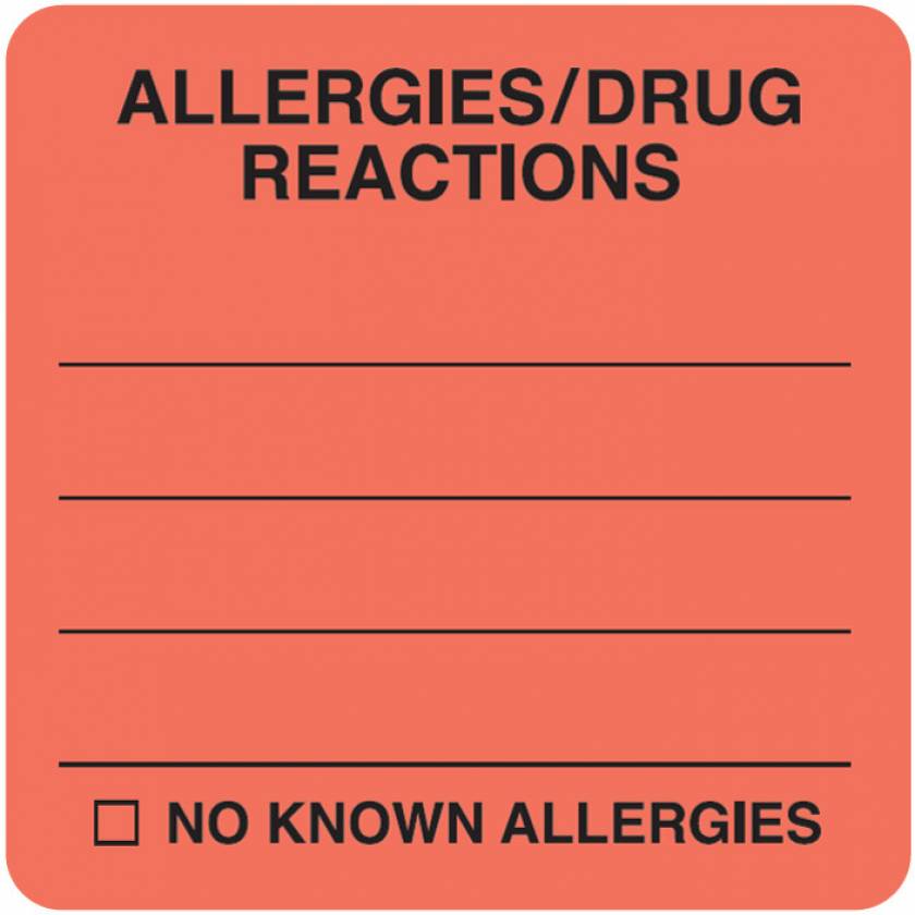 ALLERGIES DRUG REACTIONS Label - Size 2"W x 2"H