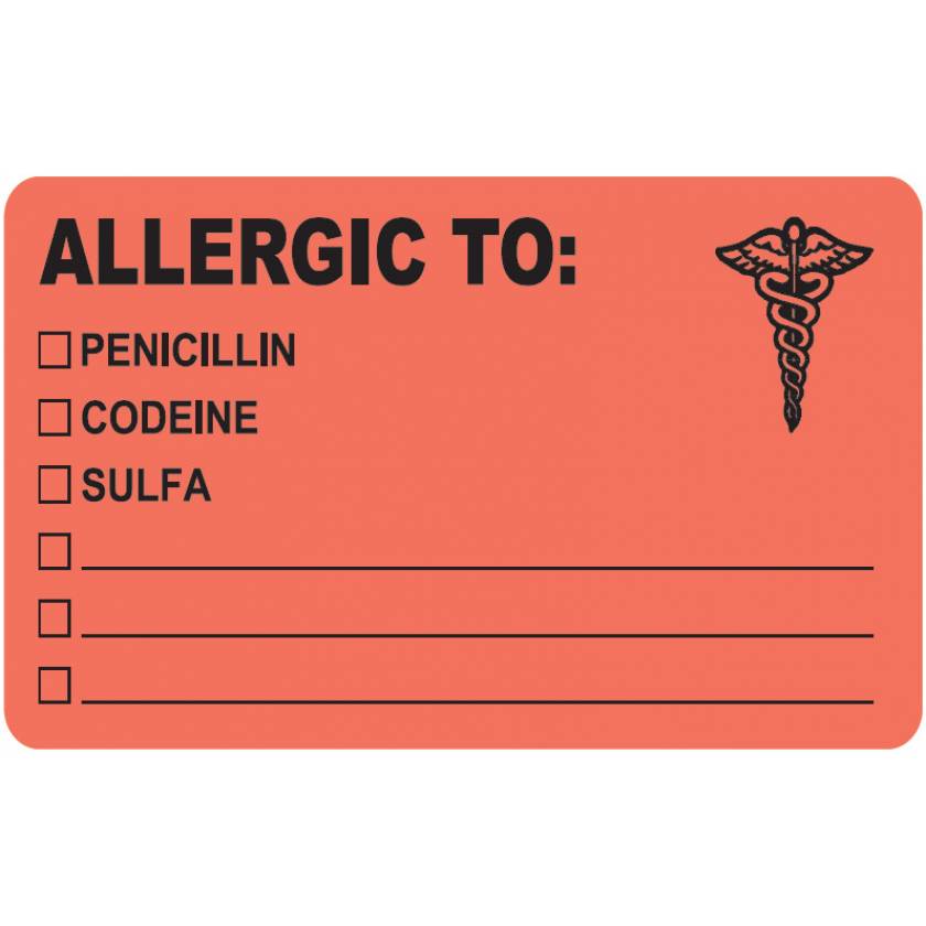 ALLERGIC TO Label - Size 4"W x 2 1/2"H