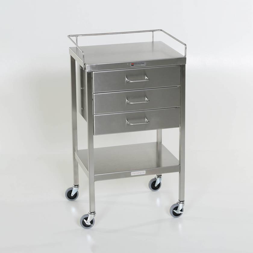 MidCentral Medical MCM522 Stainless Steel Utility Table with 3 Drawers, Lower Shelf and 3-Sided Top-Guardrail