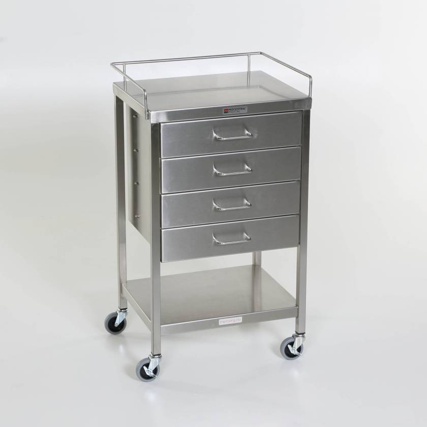 MidCentral Medical MCM523 Stainless Steel Utility Table with 4 Drawers, Lower Shelf and 3-Sided Top-Guardrail