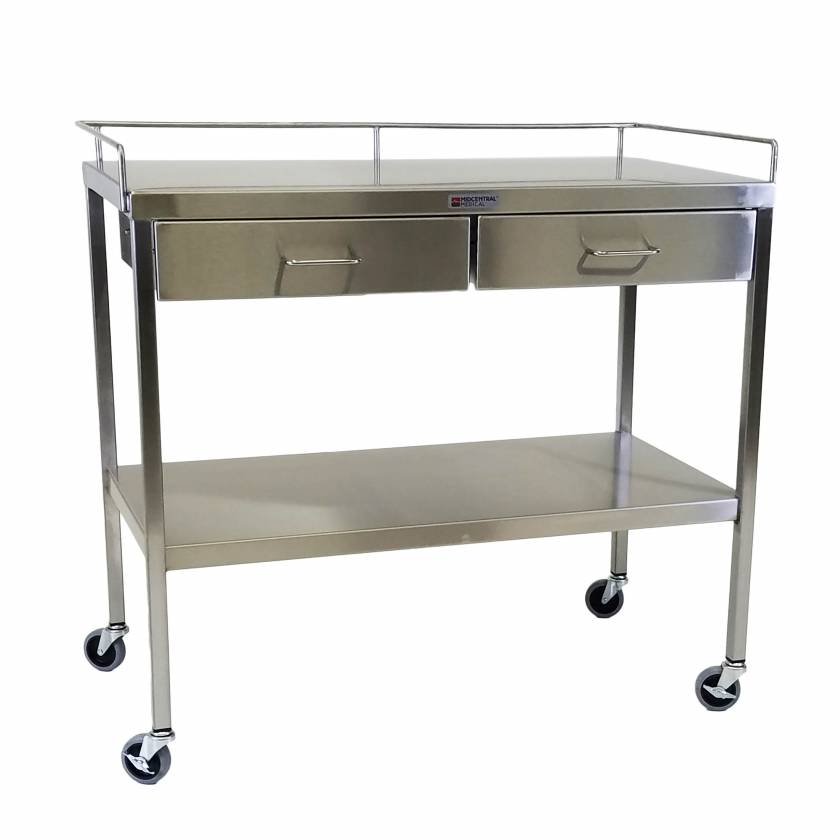 MidCentral Medical MCM524 Stainless Steel Large Utility Table with 2 Drawers, Lower Shelf and 3-Sided Guardrail