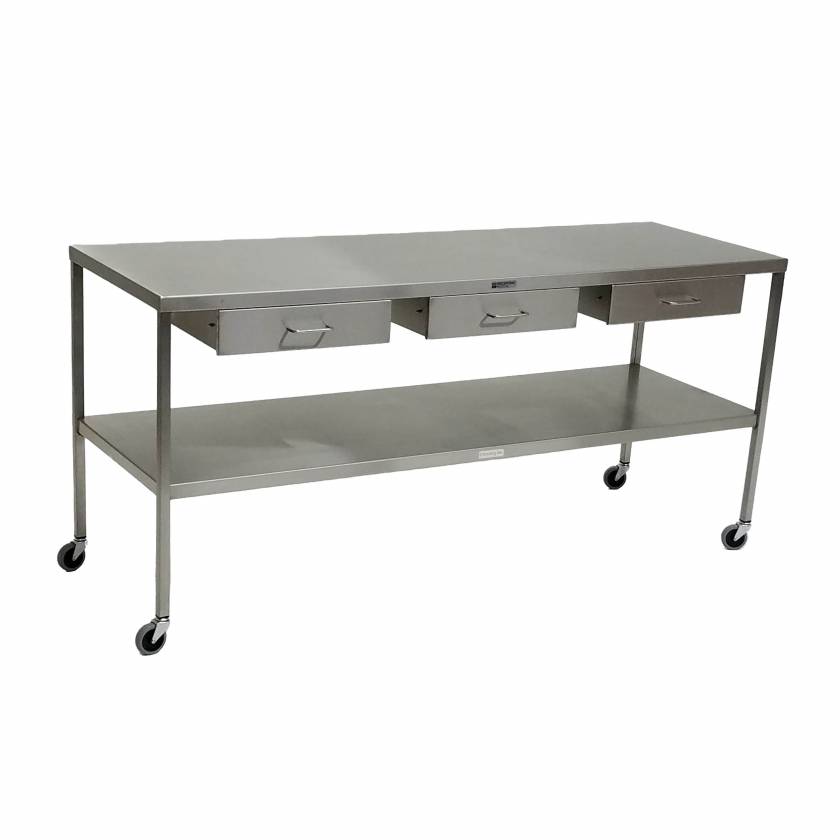 MidCentral Medical MCM549 Stainless Steel Instrument Table with Shelf and 3 Drawers - 24" W x 72" L x 34" H