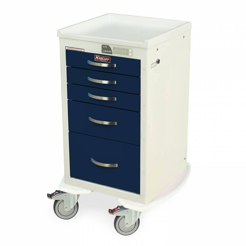 Harloff MDS1824EKC05 M-Series Mini Width Short Anesthesia Procedure Cart Five Drawers with Electronic Keypad Lock. Color shown with a White body and Navy drawers.