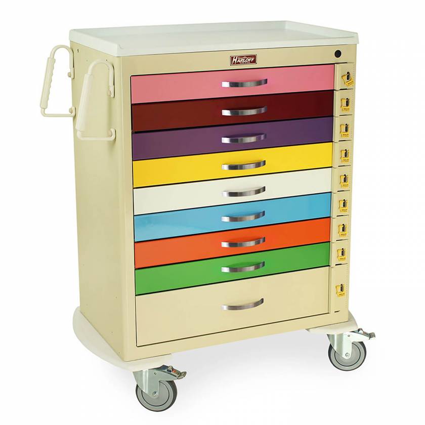 Harloff MDS3030B09PED M-Series Tall Pediatric Emergency Cart, Standard Width, Nine-Drawers with Individual Breakaway Locks