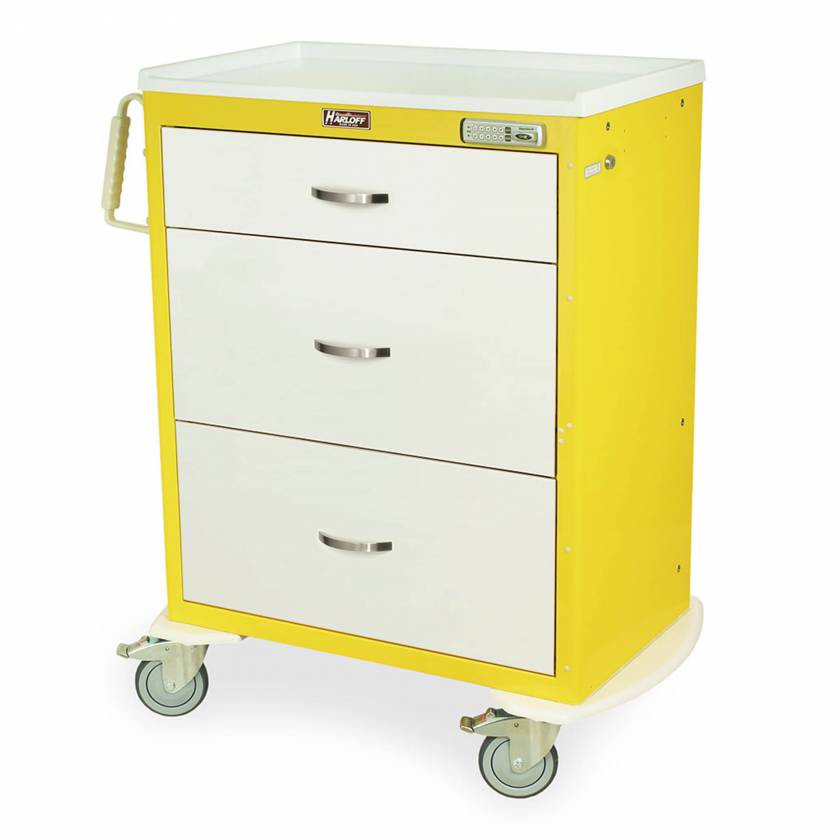 Harloff MDS3030E03 M-Series Standard Width Tall Isolation Cart Three Drawers with Basic Electronic Pushbutton Lock.  Cart shown with a Yellow body and White drawers.