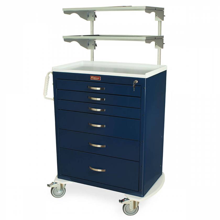 Harloff MDS3030K06+MD30-ADJSHLF2-XBAR M-Series Standard Width Tall Medical Equipment Cart Six Drawers with Key Lock, Height Adjustable Overhead Shelves