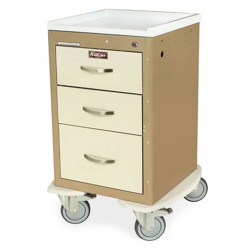 Harloff MPA1821K03 A-Series Lightweight Aluminum Mini Width X-Short Cart Three Drawers with Key Lock. Color shown with a Taupe body and Cream drawers.