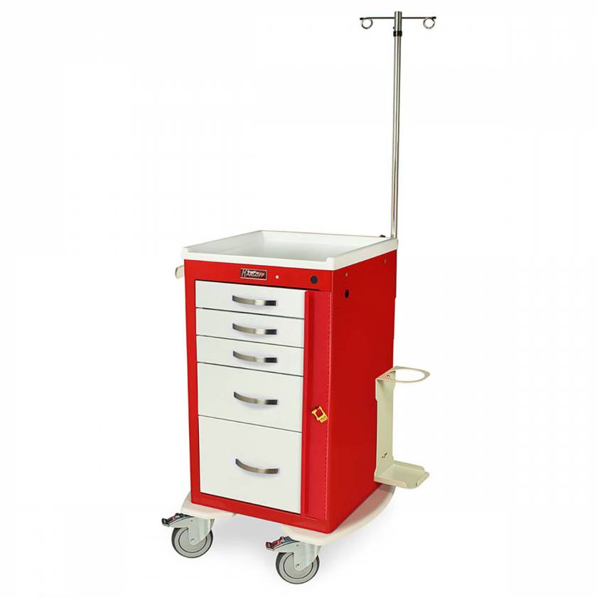 Harloff MPA1824B05+MD18-EMG A-Series Lightweight Aluminum Mini Width Short Emergency Crash Cart Five Drawers with Breakaway Lock, MD18-EMG Package.   Color shown with a Red body and White drawers.