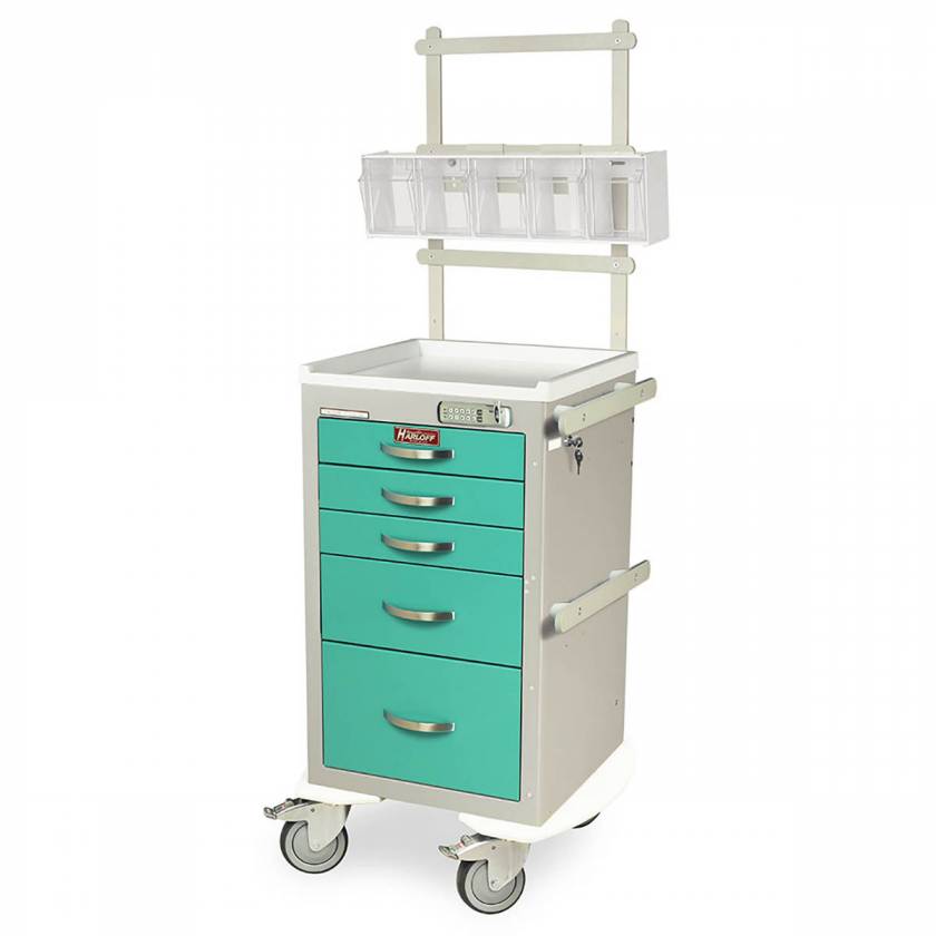 Harloff A-Series Lightweight Aluminum Mini Width Short Anesthesia Cart Five Drawers with Basic Electronic Pushbutton Lock, MD18-ANS Package.
Color shown with Light Gray body and Teal drawers.