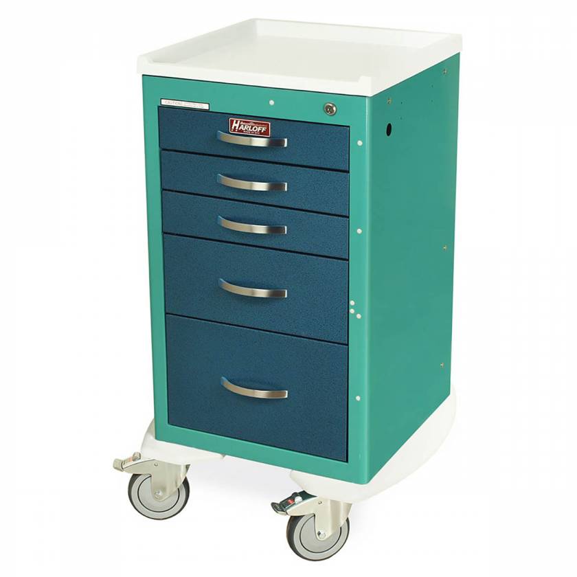 Harloff A-Series Lightweight Aluminum Mini Width Short Anesthesia Cart Five Drawers with Key Lock.
Color shown with Teal body and Hammertone Blue drawers.