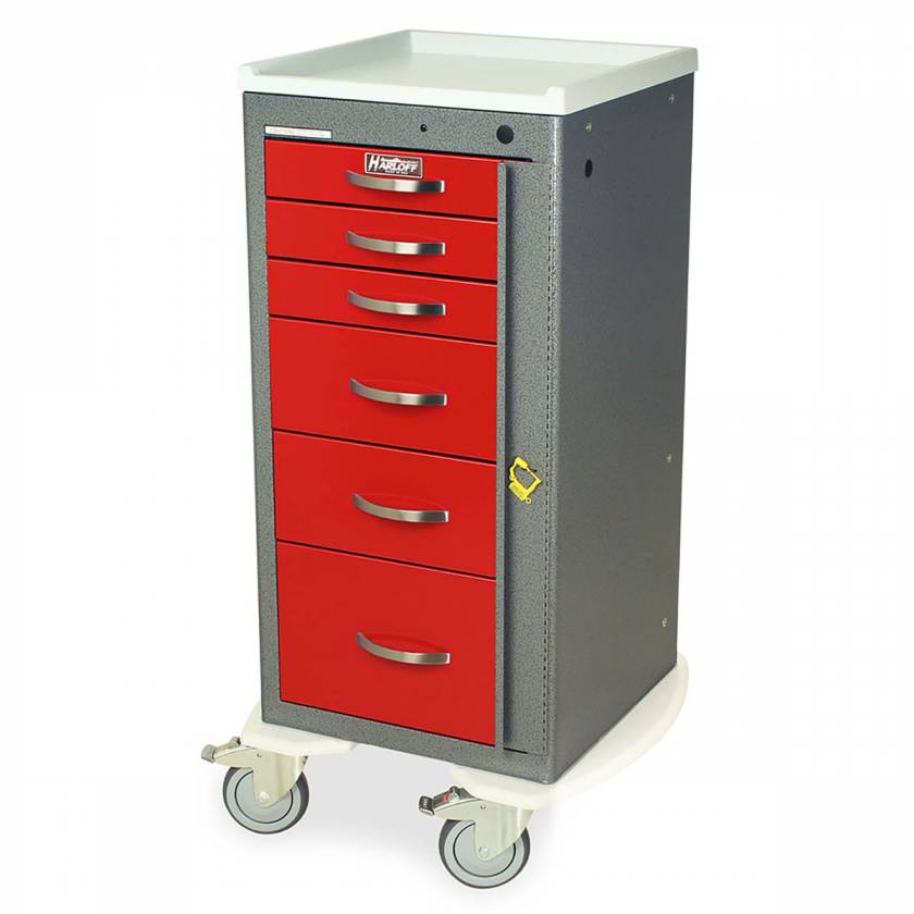 Harloff MPA1830B06 A-Series Lightweight Aluminum Mini Width Tall Emergency Crash Cart Six Drawers with Breakaway Lock.  Color shown with a Hammertone Gray body and Red drawers.