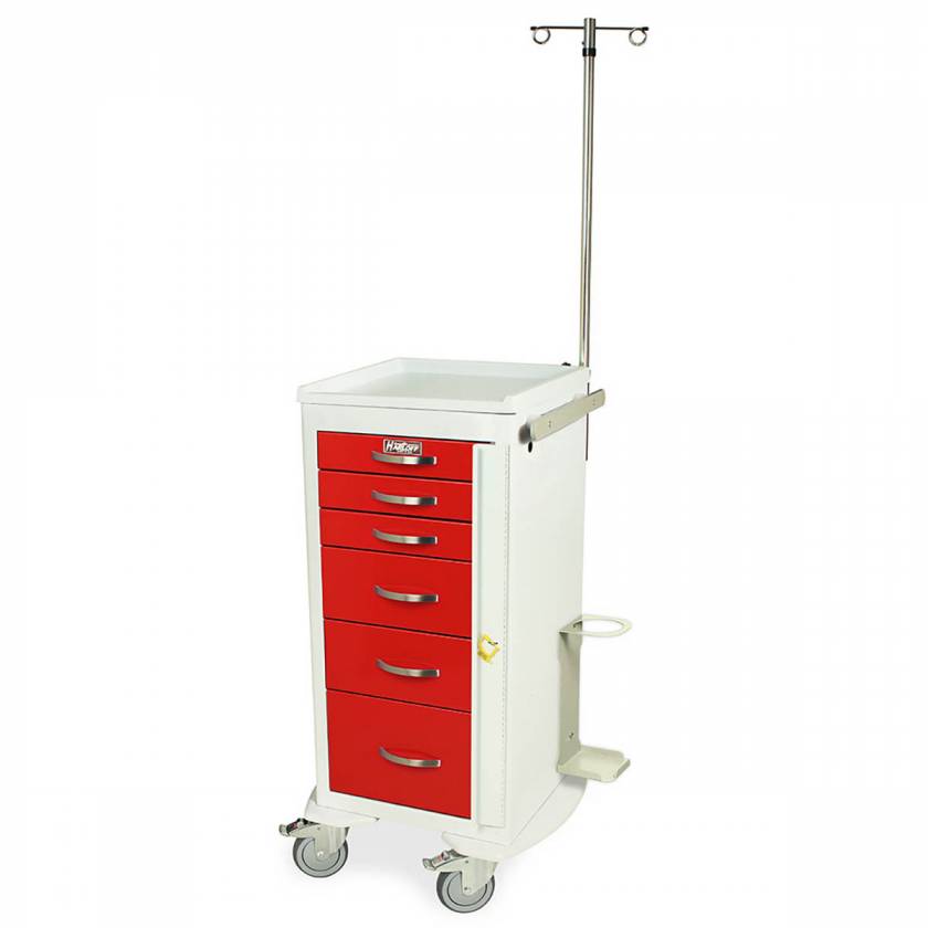 Harloff MPA1830B06+MD18-EMG A-Series Lightweight Aluminum Mini Width Tall Emergency Crash Cart Six Drawers with Breakaway Lock, MD18-EMG Package.  Color shown with a White body and Red drawers.