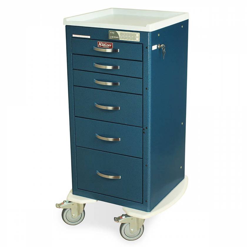 Harloff MPA1830EKC06 A-Series Lightweight Aluminum Mini Width Tall Anesthesia Cart Six Drawers with Electronic Keypad Lock