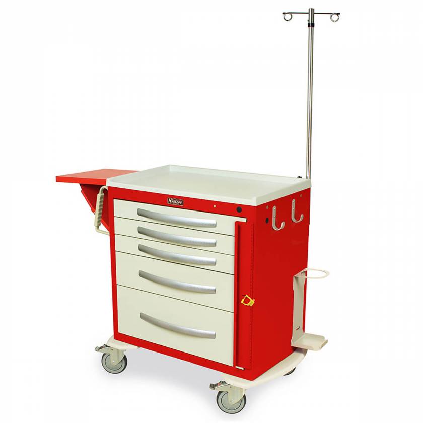 Harloff MPA3024B05+MD30-EMG1 A-Series Lightweight Aluminum Standard Width Short Emergency Crash Cart Five Drawers with Breakaway Lock, MD18-EMG1 Package.  Color shown with a Red body and Cream drawers.