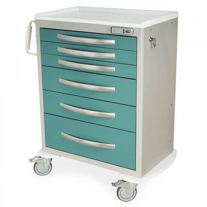 Harloff MPA3030E06 A-Series Lightweight Aluminum Standard Width Tall Anesthesia Cart Six Drawers with Basic Electronic Pushbutton Lock.  Color shown with a Light Gray body and Teal drawers.