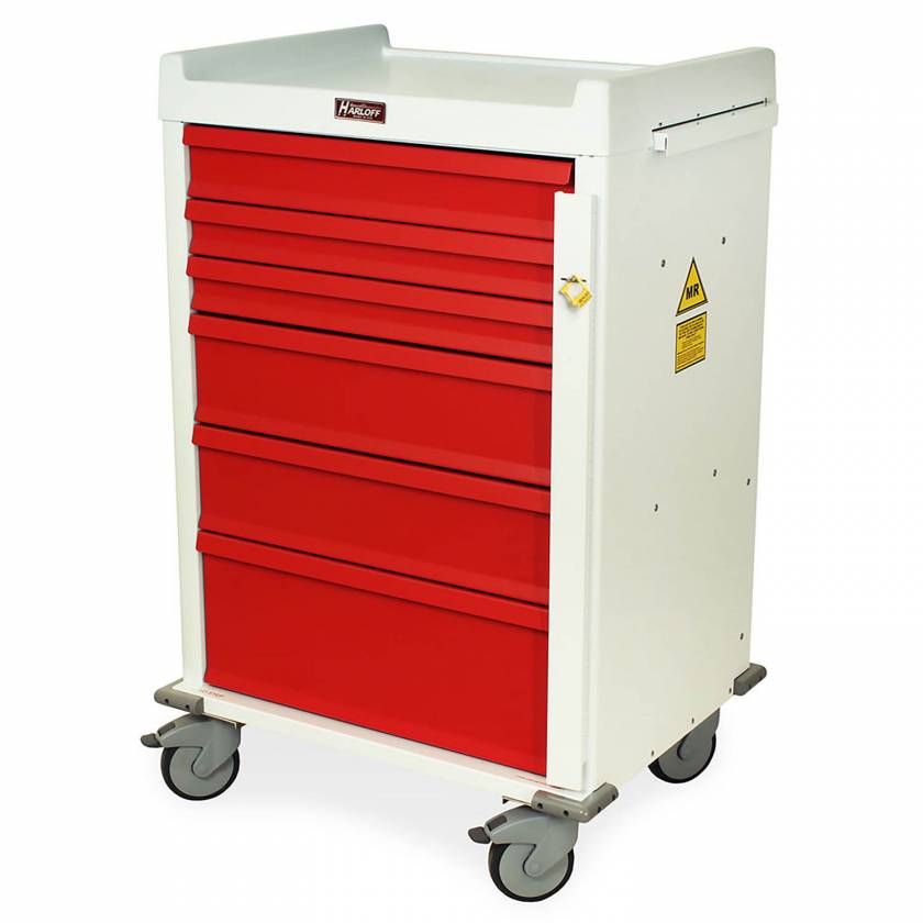 Harloff MR6B MR-Conditional Emergency Cart Six Drawer with Breakaway Lock.  Color shown is White body with Red drawers.